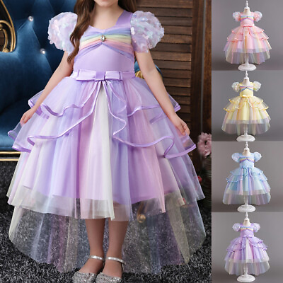 #ad Kids Girls Puff Sleeve Mesh Princess Dress Bridesmaid Wedding Party Ball Gown US $42.29