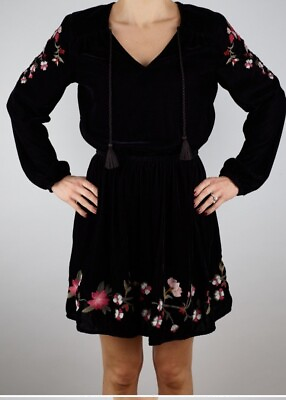 #ad Ladies ANA Black Velvet Embroidered Boho Dress Long Sleeves LRG $28.00