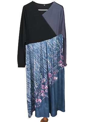 #ad Womens Asymmetrical Floral Maxi Dress Size XL Black Knit Blue Print Long Sleeves $16.00