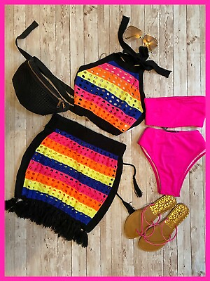 Womens Cover Up Set Size 10 US Large Neon Colors Beach Cover Up Vacation Style $26.00