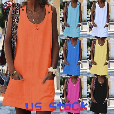Womens Button Vest Tank Dress Ladies Summer Pockets Tunic Mini Sun Dresses US $14.66