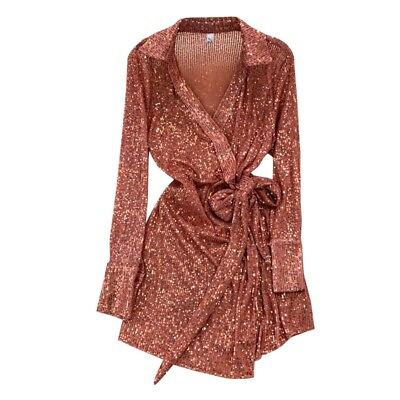 #ad Lady Sequin V neck Sparkly Dress Long Sleeve Clubwear Glitter Cocktail Tie Dress $39.79