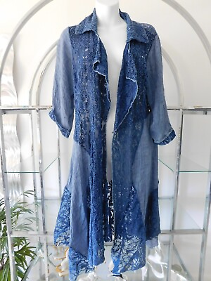 #ad NWT FERATELLI OPEN FRONT MAXI DUSTER BLUE LACE BOHO CROCHET SHEER MESH LARGE $96.50