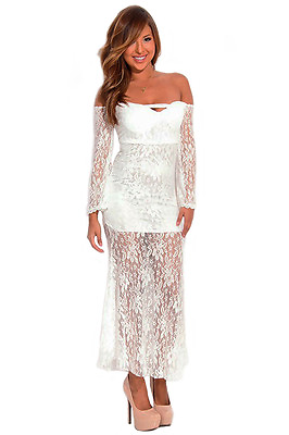 #ad Slash Neck Strapless Lace Long Sleeve Maxi Party Dress White $24.99