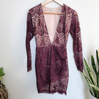 #ad Charlotte Russe Bodycon Cocktail Dress Long Sleeve Lace Plunge Wine Size Small $15.99