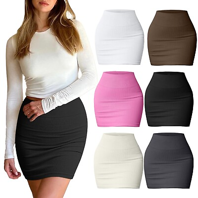 #ad Women#x27;s Skirt Basic Versatile Stretchy Ribbed Solid Casual High Waist Mini Skirt $10.96