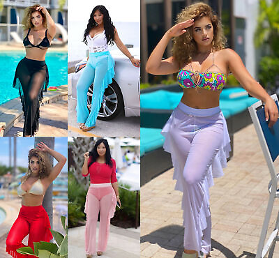 #ad Sexy Women Beach Mesh Ruffles Sheer Wide Leg Pants Bikini Cover Up Swimwear $34.99