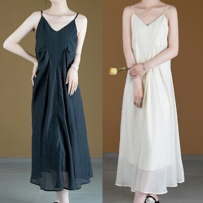 #ad White Slip Dress Women Summer V neck Maxi Long Beach Dress Pleated Sleeveless $70.94
