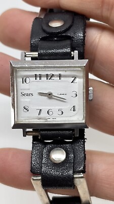 #ad Vintage Ladies Sears 7 Jewels Wristwatch Running Black Suede Band $35.00