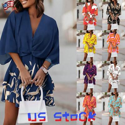 Womens V Neck Casual Loose Mini Dress Ruffle Holiday Beach Boho Dress Plus Size $20.69