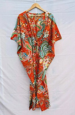 #ad Indian Kaftan Orange Paisley Kaftan Summer Bikini Covers Cotton Maxi Beach Dress $26.00