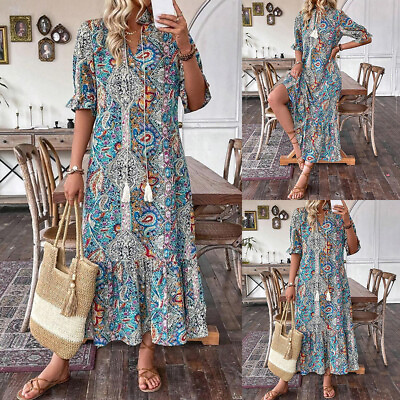 #ad Women#x27;s Boho Floral V Neck Long Maxi Dress Ladies Summer Holiday Beach Sundress $25.59