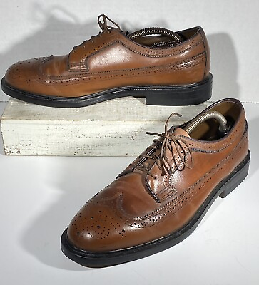 #ad SEARS “WONDERlite” Long Wingtip Brown Leather Brogue Men’s Size 11 D Shoes Vtg $49.88