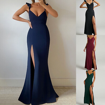 #ad Womens Formal Evening Dress Sleeveless Ruffle V neck High Waist Slit Maxi Dress $23.73