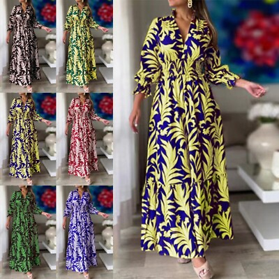 #ad Ladies Long Dress Sleeve Maxi Dresses Pullover V Neck Women Swing Party Kaftan $29.99