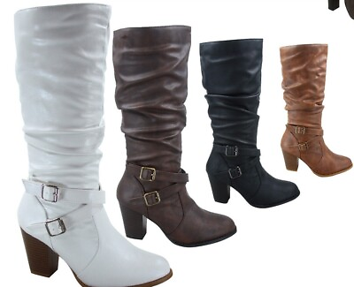 #ad Women#x27;s Buckle Zip Chunky High Heel Mid Calf Knee High Boots Shoes 5 10 NEW $24.49