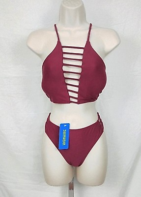 #ad Women#x27;s High Neck Ladder Cutout Sexy Padded Bikini Swimsuit Maroon Size XL $15.99