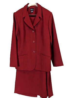 Leslie Fay Women size 16 Maroon Red Two Piece Slit Midi Skirt Suit with Jacket $24.97