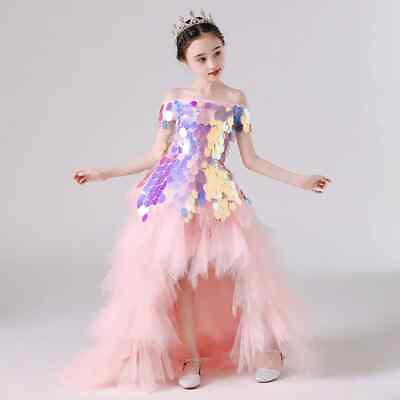 #ad Children Princess Party Pink Sequin Dress Long Evening Gowns Girls Party Dresses $146.62