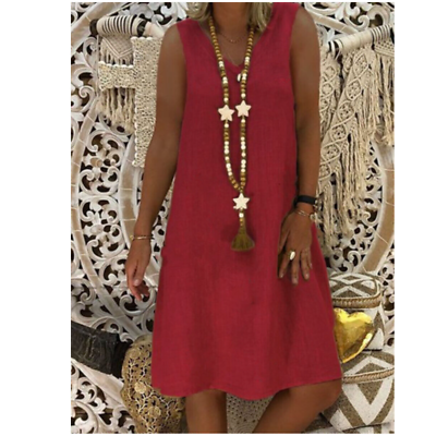 #ad Summer Women#x27;s Cotton Linen V neck Sleeveless Baggy Holiday Sun Dress Plus Size $19.39