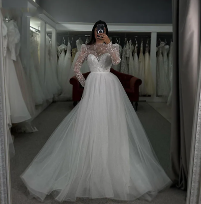 #ad Long Sleeve High Neck Wedding Dresses A Line Shiny Flower Boho Bride Dress Puff $142.00