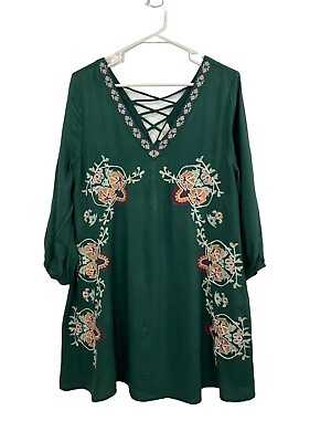 #ad Boho embroidered v neck rayon long sleeve flowy shift dress strappy back medium $22.90