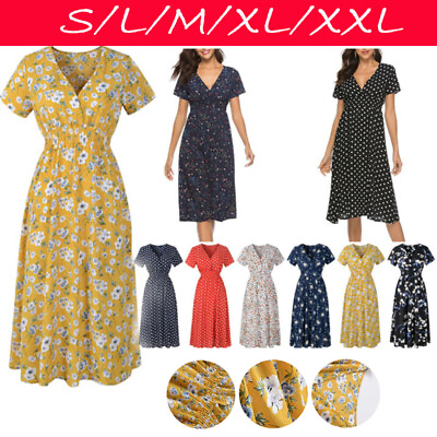 #ad Women V Neck Boho Floral Midi Dress Short Sleeve Summer Beach Casual Sundress $30.51