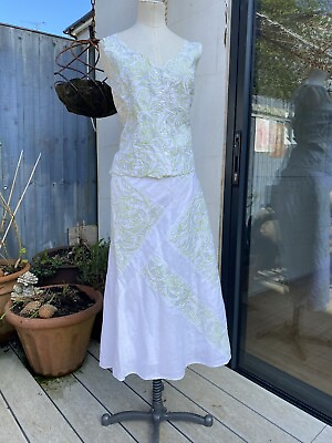 #ad SIZE 16 MINUET 55% LINEN BLEND WHITE MIDI SKIRT SUIT WHITE GREEN EMBROIDERY GBP 145.00