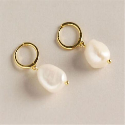 #ad Handmade Freshwater white pearl earrings 18K gold clasp Unisex Party Teens $12.89