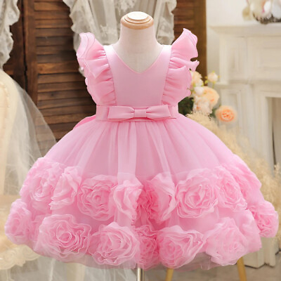 #ad #ad Flower Party Dress Girl Flying Sleeves Princess Birthday Puffy Baptism Tutu Gown $24.99