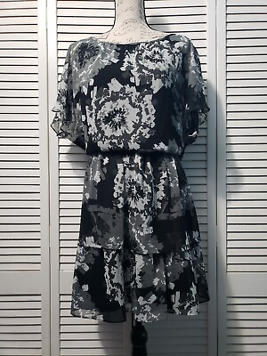 New York amp; Company Dress Womens Size Large Gray Black Print Chiffon Tiered Lined $30.98