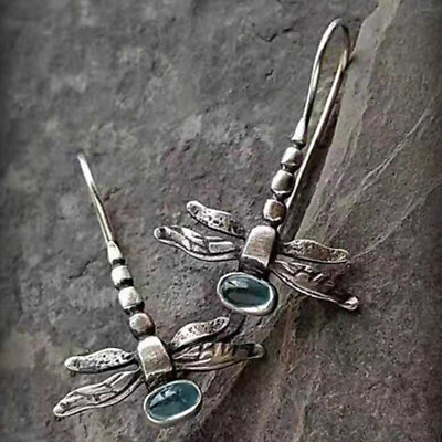 Vintage Silver Dragonfly Moonstone Hook Dangle Earrings for Women Party Jewelry C $2.07