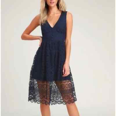 #ad Lulus Hannon Navy Blue Lace Sleeveless A Line Button Summer Dress Small $26.99