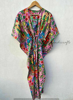 Indian Pink Frida Kahlo Print Cotton Hippie Maxi Women Nightwear Caftan Dress $22.31