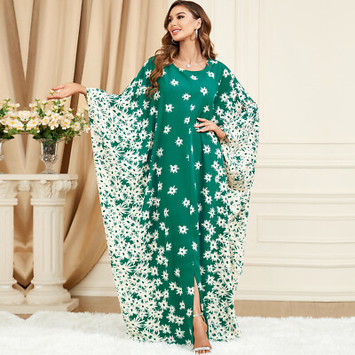 #ad Muslim Women Floral Printed Loose Dolman Sleeve Maxi Long Dresses Summer Holiday $26.59