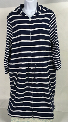 #ad Lands End Womens Beach Swim Cover Up Size XL Hooded Blue White Full Zip Pockets $22.49