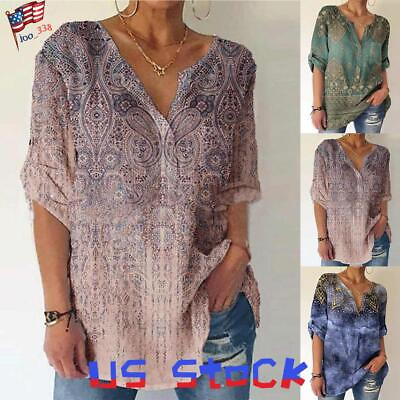 #ad Women Boho Floral V Neck 3 4 Sleeve Shirt Ladies Casual Baggy Loose Tunic Tops $19.49