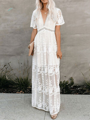 Boho Women Maxi Dress Embroidery White Lace long Beach Dress Women Clothing $39.58
