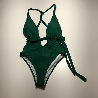 #ad NEW Green Deep Plunge Tie Backless One Piece Swimsuit Bikini Womens Size Medium $15.99