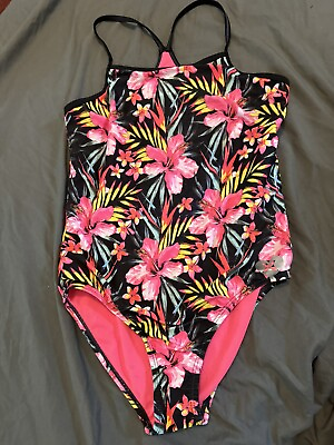 #ad Hurley Girls One Piece Swimsuit Pink Floral Size 10 12 Swim Beach Hawaiian Lei $10.89
