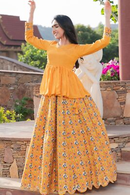 #ad Indian Women Dessiner Short Kurti Skirt Yellow Festival Wedding Heavy Dress $35.99