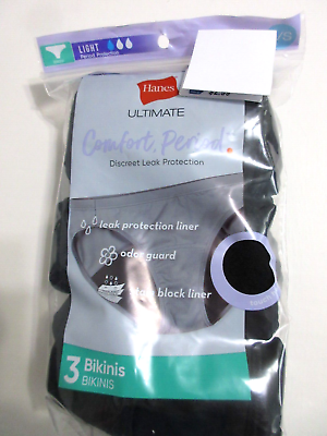 #ad Hanes Ultimate BIKINIS Light Comfort Period Protection 3 Pack BLACK Panties 5 S $18.90