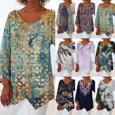 Plus Size Women Boho Cotton Linen Tunic Shirt Casual Baggy Floral Blouse Tops US $20.09