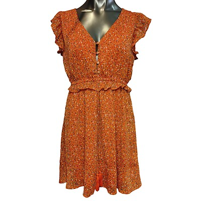 #ad Trinhnology Women#x27;s Orange Floral Sleeveless Ruffled V Neck Summer Dress Medium $18.00