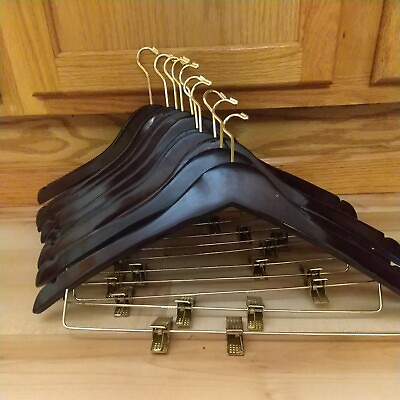 #ad Vtg Wood Skirt Suit Hangers Cherry Finish Gold Hardware Lot of 10 Small Hook $29.50