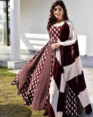 Wedding Party Wear Indian Women Handmade Rayon Anarkali Gown Kurti With Dupatta $33.00