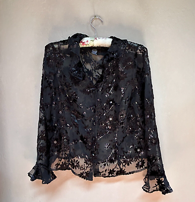 #ad Virgo Women#x27;s Size PL Sheer Top Velvet Floral Long Sleeve Blouse Black Petite $26.54