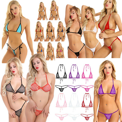 Sexy Womens Lace Mesh Sheer Bikini Set Mini Halter Bra Micro G string Swimwear $3.75