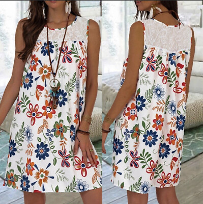 #ad Boho White lace splicing floral sleeveless lined dress Sz M $28.99