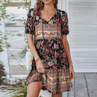 #ad #ad Bohemian Floral Print Lace up Dress $29.99